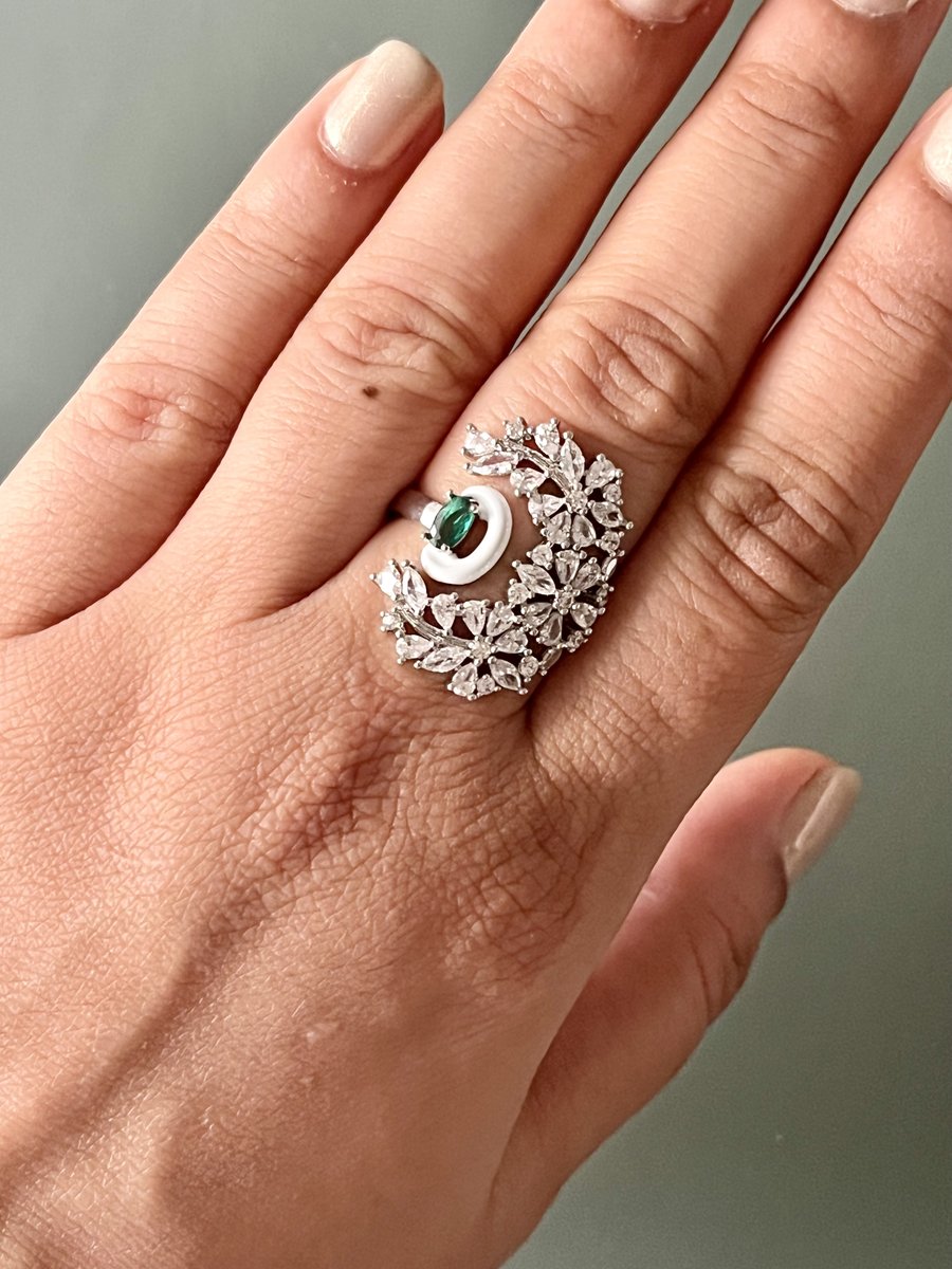 Silver Arc with Green Stone Ring (Adjustable)